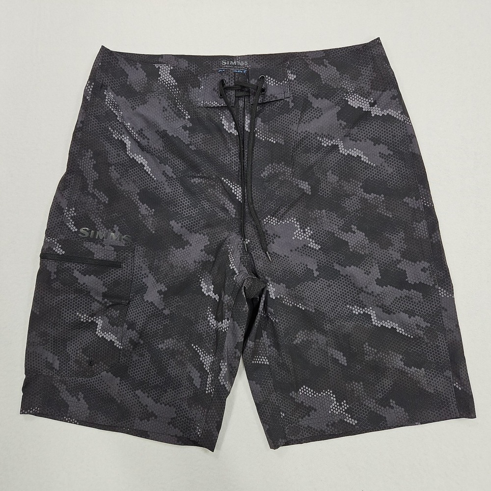 Simms Surf Board Shorts Hex Camo Mens 34 Black Gray 9" Inseam UPF Fishing Pocket